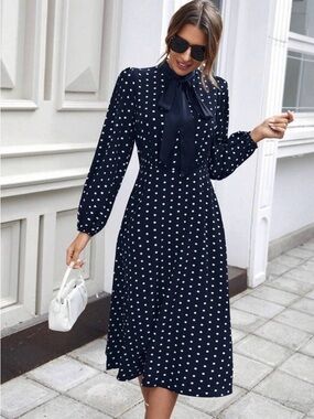 SHEIN Navy and White Polka Dot Tie-Neck Long Sleeve Midi Dress